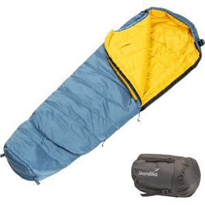 Skandika Gjora Junior slaapzak – Mummieslaapzakken - Mummieslaapzak voor kinderen, 3-4 seizoenen, nylon ripstop, compact, groeit met je mee, inpakzak – 160/190 x 70/50 cm (L x B) - Kinderslaapzak voor buiten en binnen, kamperen, wandelen – blauw/geel