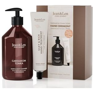 Jean & Len Hand Ceremony Cardemom en Tonka, met Hand en Body Cleanser en Hand Treatment, geschenkdoos, zachte, kruidige geur, veganistische cadeauset