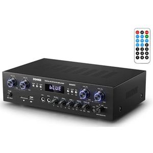 Donner Draadloze versterker, Donner 440 W 4-kanaals versterker Audio HiFi Amp geïntegreerd met USB, SD, FM, echo 2 microfooningangen, RCA, LED, voor studio, thuisspreker-MAMP5