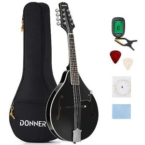 Donner Mandoline-instrumentenset, zwart, voor beginners en volwassenen, mahonie, stijl A, met stemapparaat, touw, draagtas, plectrums (DML-100B)