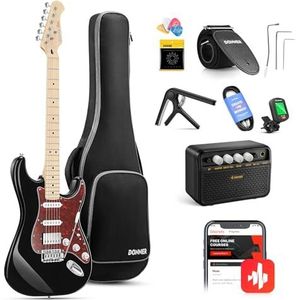 Donner DST-152B Kit elektrische gitaar 39"" HSS Pickup Coil Split met versterker, koffer, capodaster, riem, snaren, tuner, kabel, plectrums, zwart