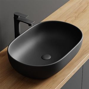 Planetmöbel Aquil Deluxe Ovale wastafel, opzetwastafel voor badkamer en gastentoilet, wastafel zonder kraangat en overloop, mat zwart, 60 x 40 x 15 cm