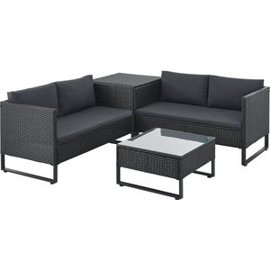 Juskys Loungeset / Tuinset Santorini - Polyrotan - Modulair - Zwart - Incl. Tafel & Opbergbox