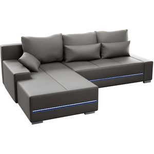 Juskys Sofa Davos Links - Bequemes Ecksofa mit Schlaffunktion, Bettkasten, Samt & LEDs - Hellgrau