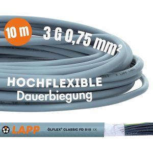 10 meter Lapp 0026120 ÖLFLEX CLASSIC FD 810 stuurstroomkabel 3x0,75 mm² grijs met groen-gele aardgeleider I zeer flexibele sleepkettingkabel PVC kabel voor sleepketting 3G0.75 I stuurstroomkabel 3-draads