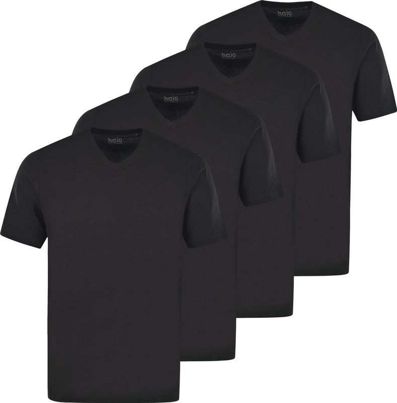 HAJO - Shirt - Zwart - Katoen - V-hals, Halve Mouw, 4 Pack