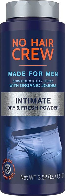 NO HAIR CREW Dry & Fresh Intiem poeder – premium talkvrij lichaamspoeder voor de intieme zone – voor een droog fris huidgevoel, voor mannen, 100 g