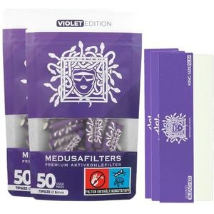Medusafilters Simple pakket (100 premium actieve koolfilters 6 mm + 96 longpapers gebleekt Violet Edition | met veganistische vezeldoppen en kokosnootschalen actieve kool voor aangenamer en minder schadelijke