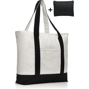 Premium katoenen tas, grote, hoogwaardige draagtas met rits en gratis polyester tas, ideaal als boodschappentas, shopper, strandtas, 30 liter (zwart-wit, 40 x 15 x 38 cm)