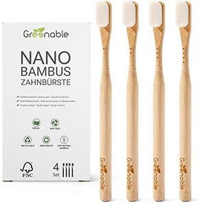 Greenable ® Nano Tandenborstel van bamboe, set van 4, 20.000 extra zachte borstelharen, 100% BPA-vrij, bamboe tandenborstel, veganistische en milieuvriendelijke bamboe tandenborstel, wit
