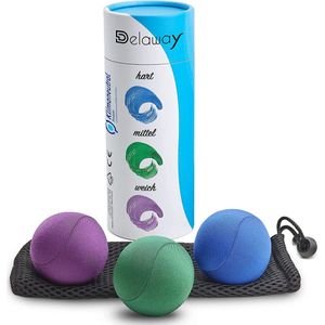 DELAWAY Anti-stressbal voor volwassenen, 3-laags, handtherapieballen, met opbergtas, ontspannings- en stressverminderend apparaat (6 cm, blauw, groen, paars)