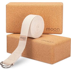 Moon Products Yogablok set van 2 met yogariem, Made in Portugal [100% natuurlijke kurk], fitnessaccessoires voor pilates, stretching, sport, meditatie, regeneratie, fascia-set, rugtraining