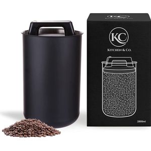 KC Kitchen & Co. Koffieblik luchtdicht voor 1 kg koffiebonen met vacuümdeksel (houder voor koffie, thee, roestvrij staal bewaarblik, met aromasluiting, voorraadblik, mat zwart, 2800 ml