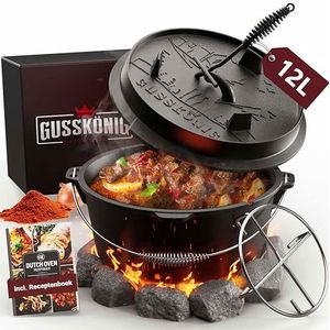 GUSSKÖNIG Dutch Oven Set [12L] - Brandende vuurpot met praktische dekselheffer en roestvrijstalen onderzetter