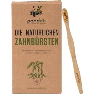 pandoo Set van 4 milieuvriendelijke handtandenborstels, voor volwassenen en kinderen (medium tot zacht), veganistisch, biologisch, houtvrij, BPA-vrij, bamboe tandenborstel