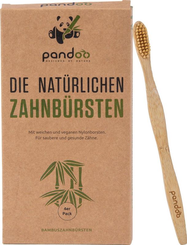 Pandoo - Set van 4 Handtandenborstels - Bamboe - Milieuvriendelijk - Veganistisch