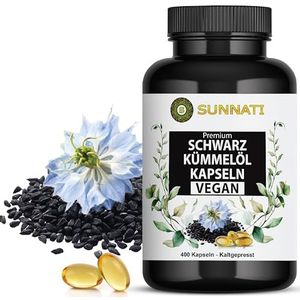 Sunnati - 400 zwarte komijnolie capsules veganistisch - 1000 mg dagelijkse dosis Egyptische zwarte komijnolie - koudgeperst, hoge dosering, met vitamine E - Premium Nigella sativa - in Duitsland