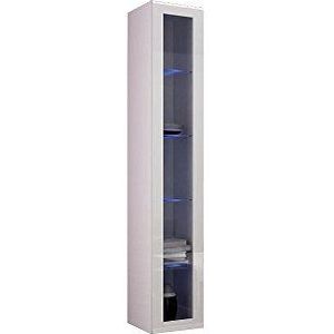 Hangvitrine Vigo vitrinekast, hangkast, wandvitrine, wandkast met 1 deur, kast, woonkamerkast zonder handgrepen, ""Push to open"" (wit/wit hoogglans, met blauwe ledverlichting)