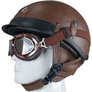 Leren jethelm met halve schaal, motor-pothelm, ECE-goedgekeurde leren helm met retro vintage stijl, koffer van ABS-materiaal A,XL