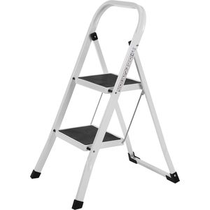 SONGMICS Trapladder, ladder met 2 treden, opklapbeveiliging, eenvoudig op te bergen, tot 150 kg belastbaar, wit GSL12WT