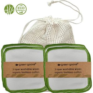 green-goose® Herbruikbare Wattenschijfjes - 10 Stuks - Herbruikbare Make-up remover pads - Zacht 3-laags Bamboe Biokatoen - Met Biokatoenen Waszak - duurzaam en milieuvriendelijk