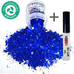 Chunky Glitters (Blauw) (Volume 8g) + Glitter Huid Lijm [Festival Makeup Gezicht Lichaam - Face Body Glitter - Biologisch afbreekbaar - Versiering Dames Volwassen Kinderen]