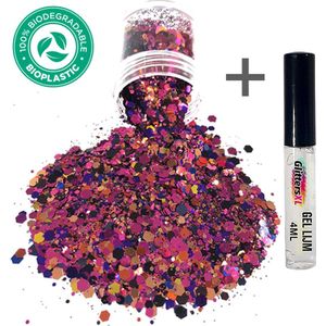 Halloween Chunky Festival Glitters (Paars/Zwart) (Volume 8g) + Glitter Huid Lijm [Halloween kostuum masker outfit versiering - Volwassenen Kinderen Dames - Glitter gezicht en lichaam - lichaamswond schotwond heks draak zombie wond mes pistool]