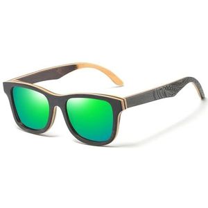 RUBA Gepolariseerde zonnebril voor dames en heren, laminaat, skateboard, houten frame, vierkante bril voor dames, Groen, One Size
