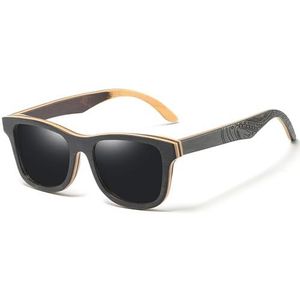 RUBA Gepolariseerde zonnebril voor dames en heren, laminaat, skateboard, houten frame, vierkante bril voor dames, Zwart, One Size