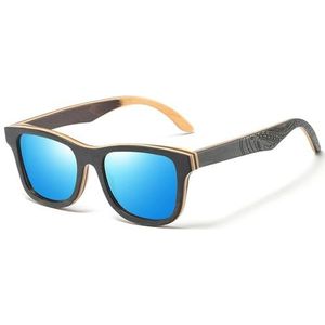 RUBA Gepolariseerde zonnebril voor dames en heren, laminaat, skateboard, houten frame, vierkante bril voor dames, Blauw, One Size