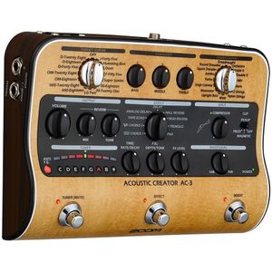 Zoom AC-3 Acoustic Creator, DI-box en professioneel multi-effectpedaal, geluidsemulator voor akoestische gitaar voor studio en podium, compressor, reverb, tremolo, chorus, bruin