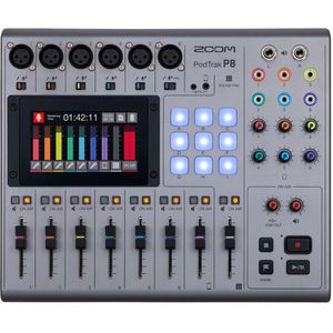 Zoom P8 PodTrak Audio Recorder | Mixing Studio en USB-Interface voor professionele podcastopnamen | 13-sporen | 6x XLR | fantoomvoeding | LCD-kleurentouchscreen | zilver