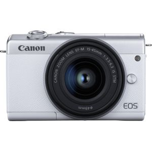 Canon EOS M200 Systeemcamera behuizing, met lens EF-M 15-45mm F3.5-6.3 IS STM-kit (body, 24,1 MP, inklapbaar scherm, 4K en full-hd, DIGIC 8, Dual Pixel CMOS AF, bluetooth en wifi), wit