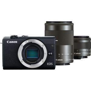 Canon EOS M200 Systeemcamera behuizing, met lens EF-M 15-45mm F3.5-6.3 IS STM + EF-M 55-200mm F/4-6.3 IS STM (body, 24,1 MP, 4K en full-hd, DIGIC 8, Dual Pixel CMOS AF, bluetooth en wifi), zwart