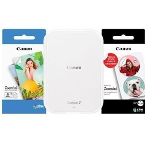 Draagbare Canon Zoemini 2-kleurenfotoprinter, wit + 20 vel ZINK™ 5x7,6cm-fotopapier + 10 vel ZINK™ cirkelvormig stickerpapier van 3,3 cm