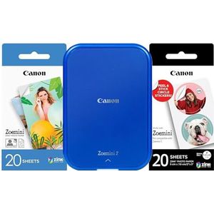 Draagbare Canon Zoemini 2-kleurenfotoprinter, blauw + 20 vel ZINK™ 5x7,6cm-fotopapier + 10 vel cirkelvormig ZINK™ stickerpapier van 3,3 cm