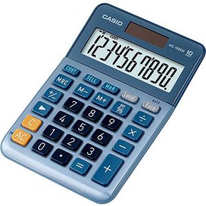 Casio MS100EM 10-cijferige bureaurekenmachine op zonne-energie/batterij met geavanceerde percentageberekening, valutaomzetting in euro, blauw