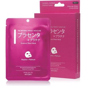 Mitomo - Placenta  Platinum Masker - Japans Hydraterend Verzorgende Anti Rimpel Gezichtsmasker - Hyaluronzuur - RH-Oligopeptide1- Glycerine Face Mask - Gezichtsverzorging Vrouw - J-Beauty Skincare Rituals - 10 Stuk