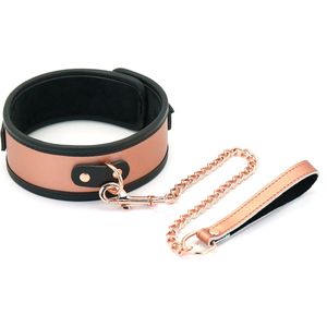 Liebe Seele - Rose Gold Memory Exclusieve Leren Collar en Metalen Leiband - rosé goud