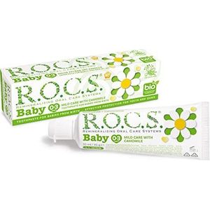 R.O.C.S. Tandpasta Baby (0-3 jaar) Milde verzorging met kamille 45 g - Fluoridevrij- Veilig inslikken - Natuurlijke formule - Natuurlijke extracten - Xylit - Kalmerend tandvlees