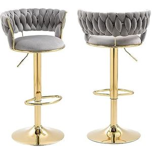 Barkruk, set van 2, aanrecht met 360° draaibaar en in hoogte verstelbaar design, mid-century-accent, gestoffeerde stoel met geweven rug en gouden metalen poten, fluwelen stoel voor eetkamer (grijs)