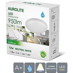 Aurolite LED plafondlamp 12W IP44 Ø 26cm 950lm badkamer keuken hal kantoor plafondlamp, hoogwaardige kwaliteit (4.000 K)