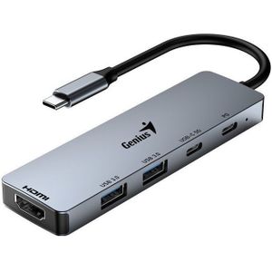 Genius UH-500 5-in-1 USB-hub, één HDMI, 1 USB-C 100 W, een USB-C 3.0 en 2 USB-A 3.0 gegevenspoorten voor het overbrengen van gegevens naar computers via USB Type C-connector
