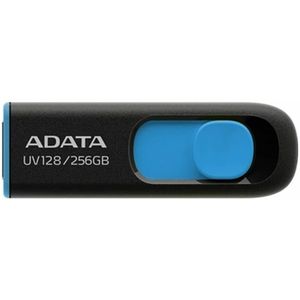 ADATA USB-stick, UV128, 256 GB, USB 3.0, geheugenpen, intrekbare pen zonder dop, zwart/blauw