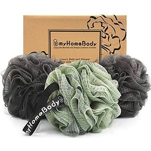 myHomeBody Luffa-spons, 70 g, lichaamsspeeling, badspons, scrubspons, douchespons met actieve kool, 2 grafiet grijs + 1 saliegroen, 3 stuks