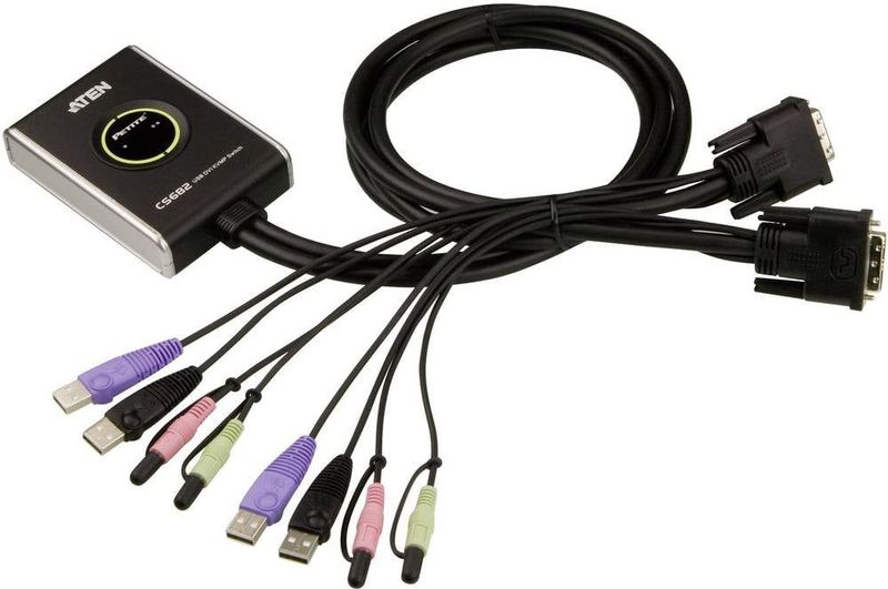 ATEN 2-Port USB DVI/Audiokabel KVM Switch mit Remote-Port-Wähler, 1920 x 1200 Pixel, WUXGA, 1,9 W, Schwarz