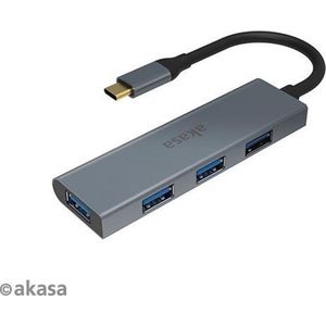 Akasa USB Type C naar 4x USB Type A (USB-C, 4 ports), Docking station + USB-hub, Grijs