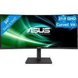 ASUS Business VA34VCPSN 34 inch UWQHD Curved Monitor, VA Panel 21:9-3440 x 1440-100Hz, frameloos, ergonomisch, DisplayPort, HDMI, USB-hub, RJ45, 65W USB-C, luidspreker, zwart