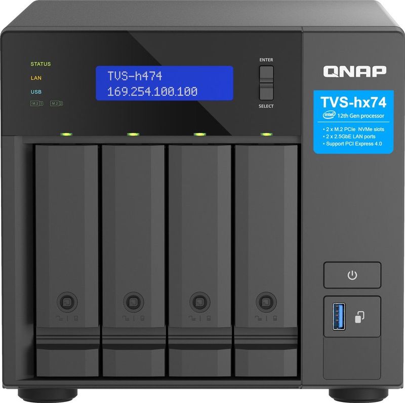 QNAP TVS-H474 NAS Tower Intel® Pentium® G7400 8 GB DDR4 0 TB QuTS hero Zwart
