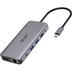 Acer 12-in-1 mini-dock (USB type-C naar 1x USB Type-C (PD), 2x USB 3.2, 2x USB 2.0, 2x HDMI, 1x displaypoort, 1x RJ-45, 1x SD-kaartlezer, 1x Micro SD-kaartlezer, 1x 3.5 audio-poort 3.5) zilver